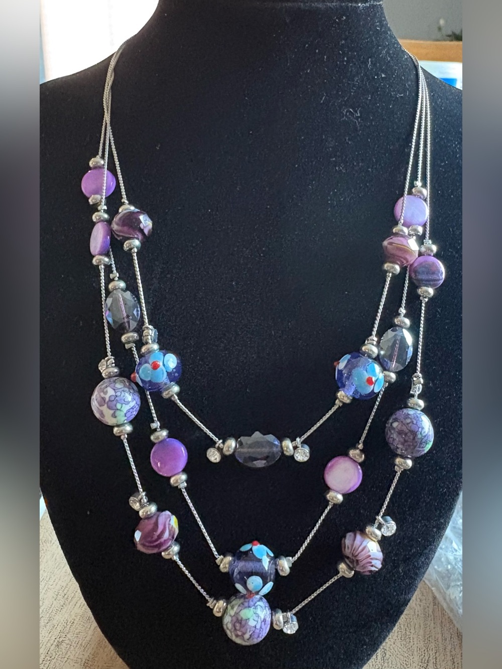 Beautiful Layered Purple Glass Bead Statement Necklace